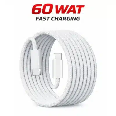 60W USB-C to USB-C Fast Charging Nylon Braided Cable, Dual Type-C Data Transfer, USB-C 2.0, Reinforced Connectors, 1 Meter Charging Cable Compatible with iPhone 16/15 Series, Samsung Galaxy & iPad/MacBook (White)
